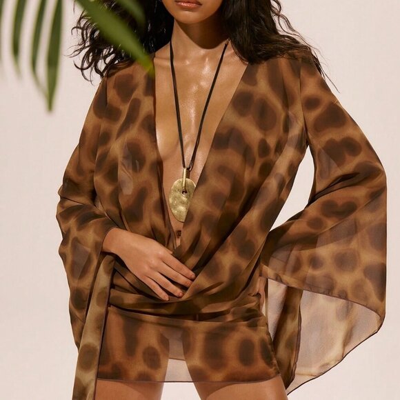 Coffee Brown Women's sheer Chiffon Long Sleeve Plunge Cowl Neck ultra Mini Dress - Picture 1 of 5